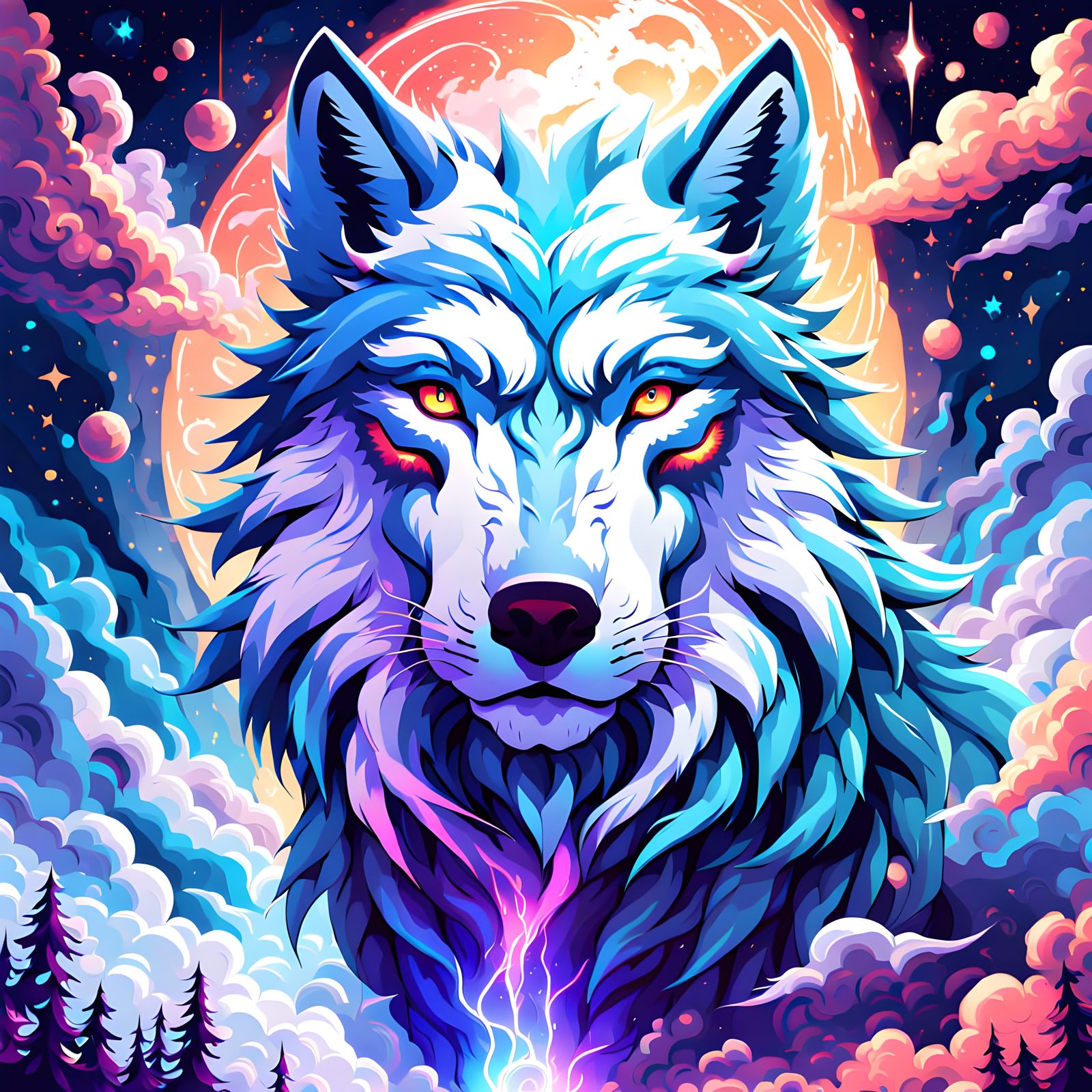 Celestial Wolf Howling at Cosmic Moon