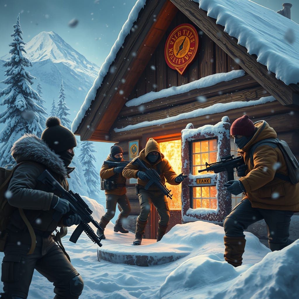 Snowy Mountain Bank Heist in Earth-Toned Attire