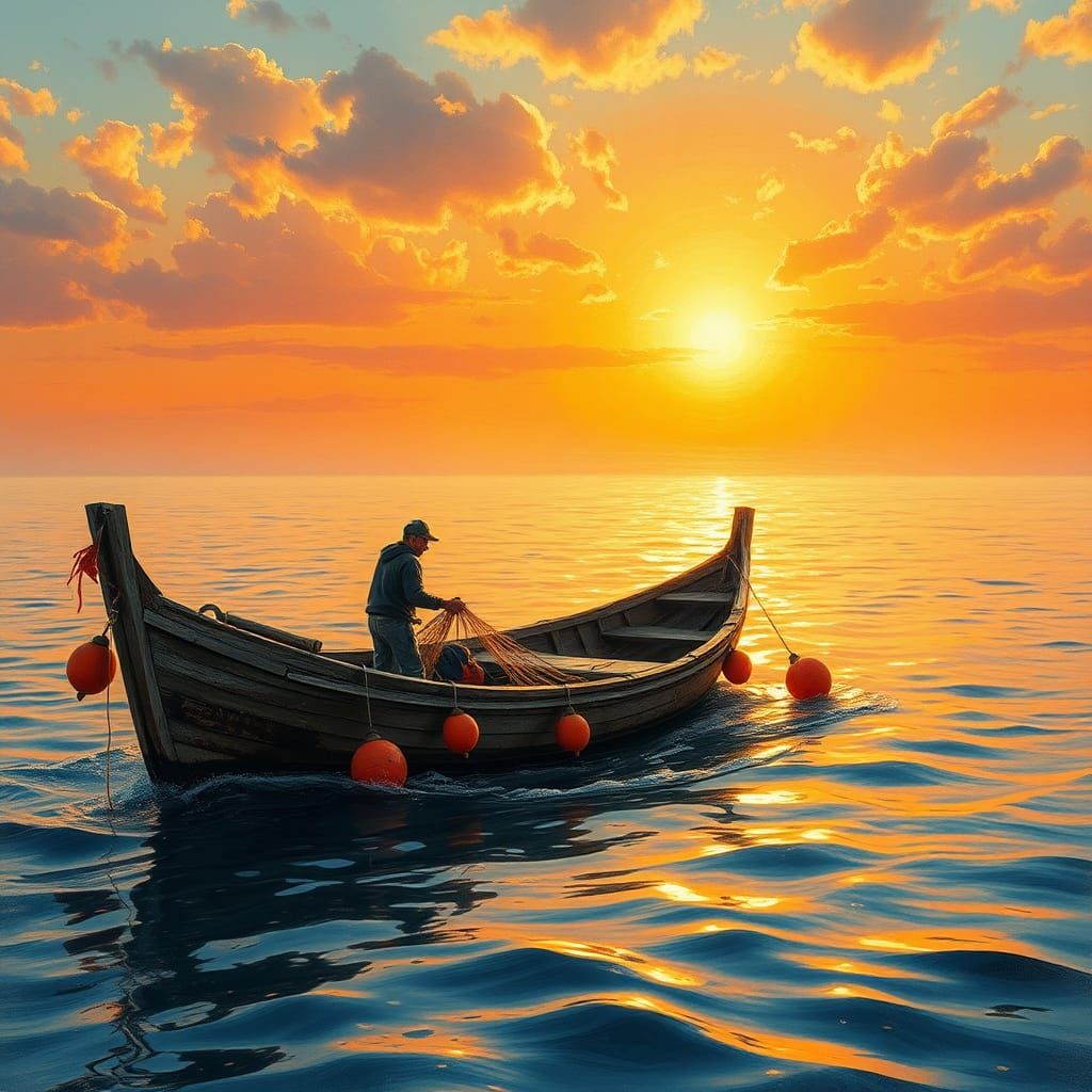 Fishing Boat at Sunrise in Expressive Impressionist Style