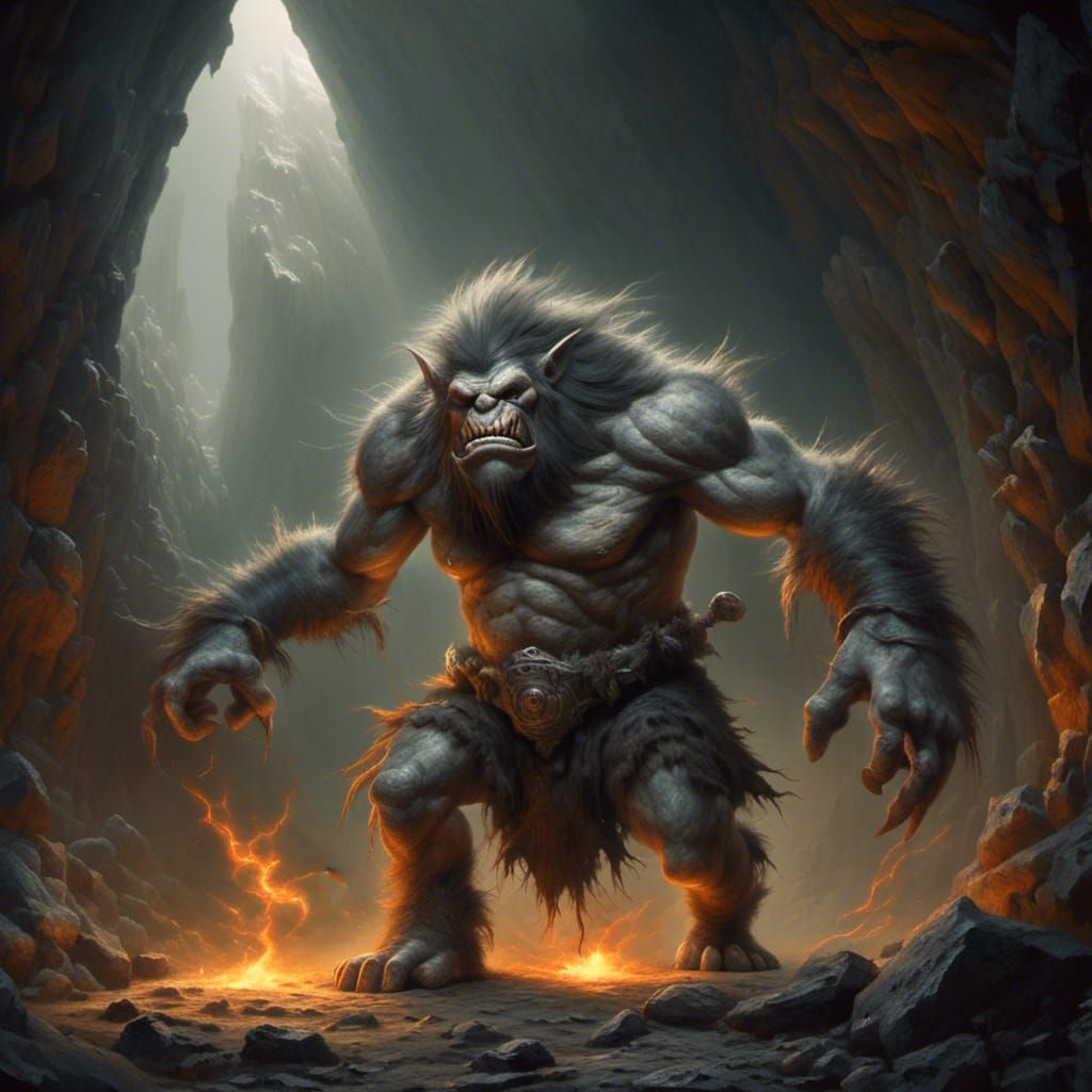 Fearsome Grey Troll Charging in Cavern