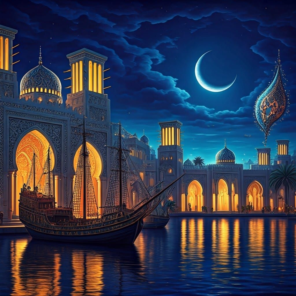 Dreamlike Arabian Port Night Scene