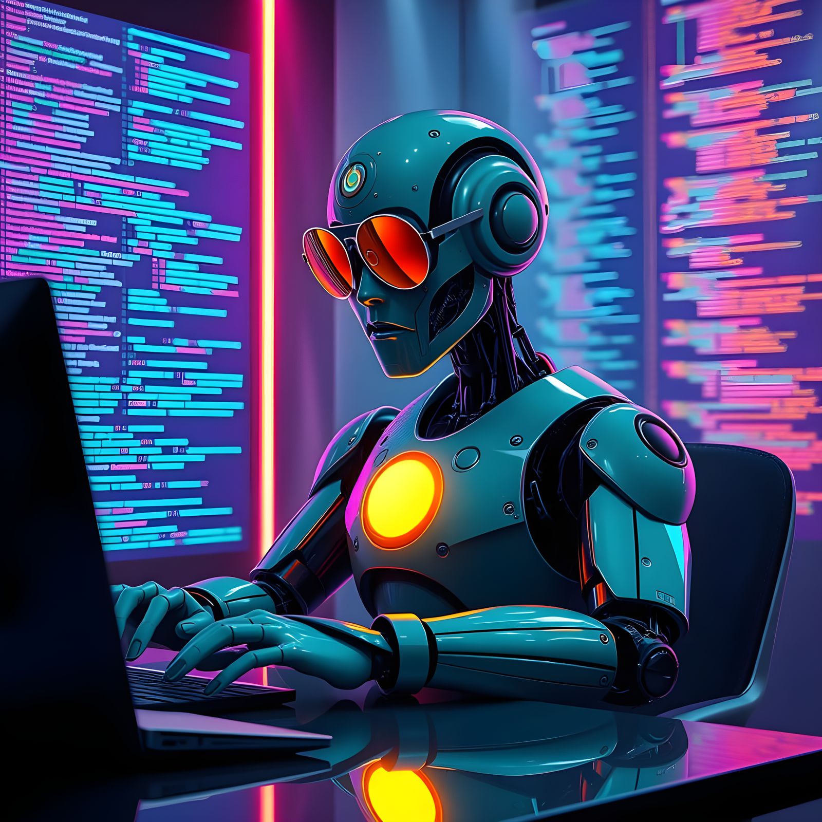 Surreal Futuristic Bot Code Session in Neon Hues