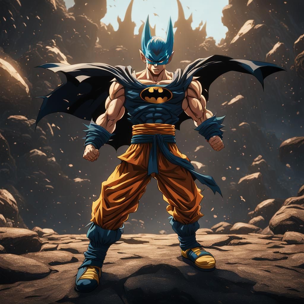 Goku Wearing Batman Mask in Detailed Digital Painting