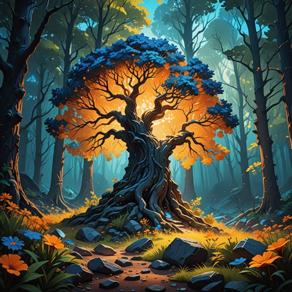 Mystical Tree in Forest: Surreal Oil Painting