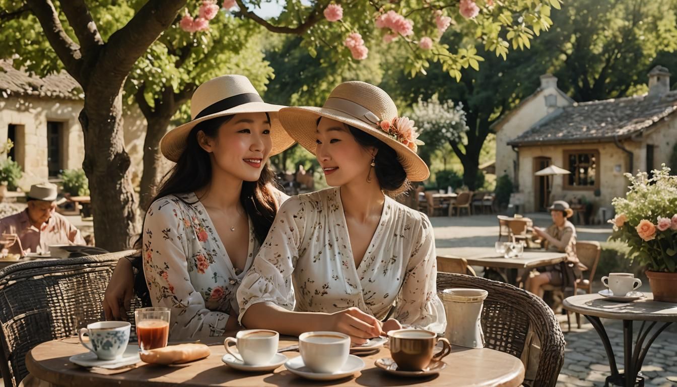 French Cafe Scene: Asian Woman in Golden Light