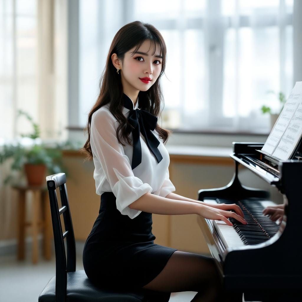 Teacher Plays Grand Piano in High School Music Room