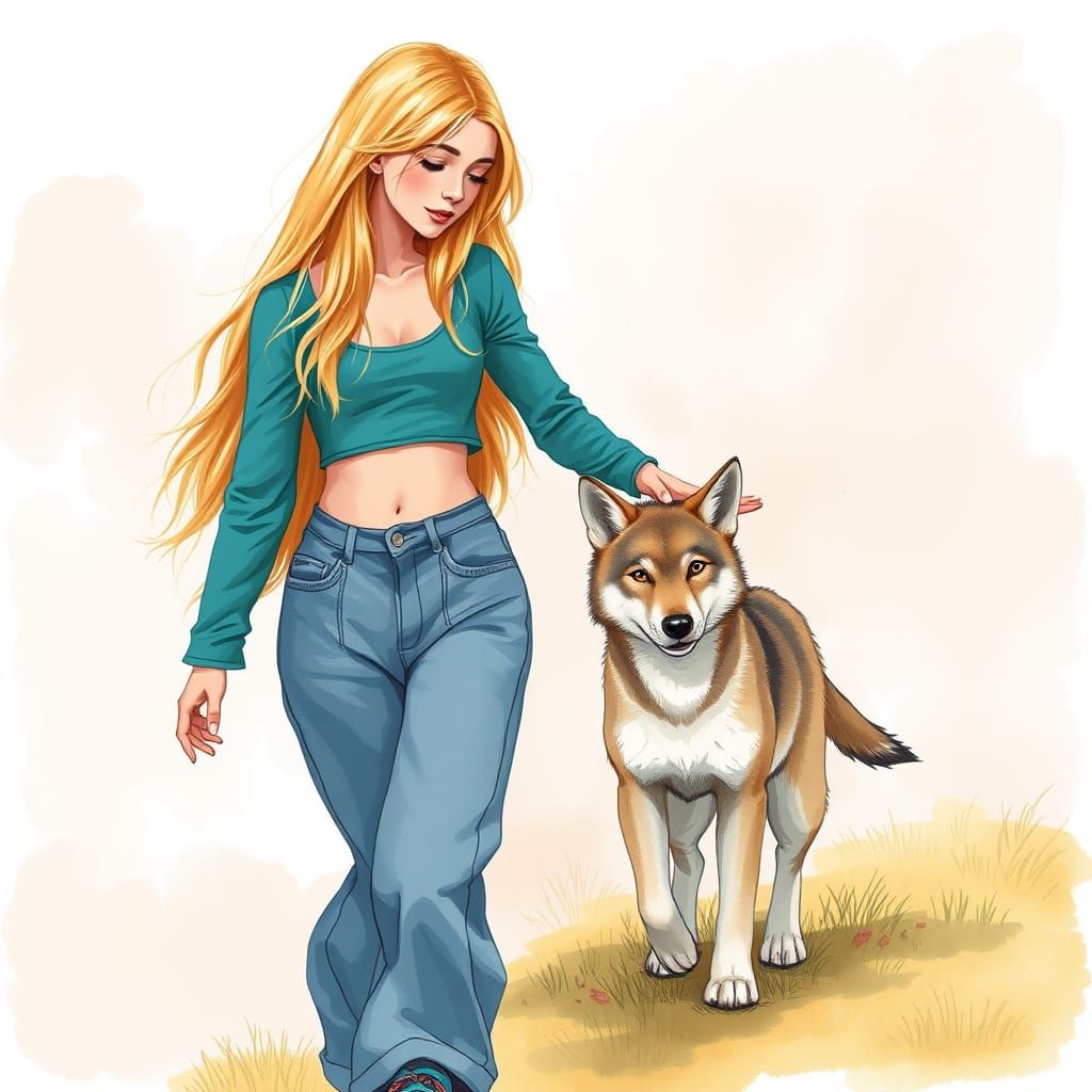 Young Woman Shares Tender Moment with Wolf Pup in Dreamy Lan...