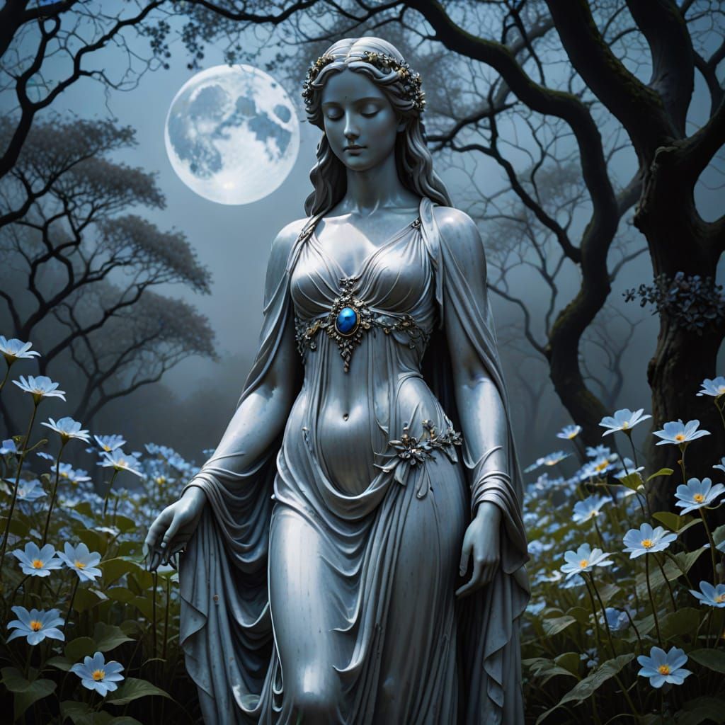 Ethereal Moonlit Statue in a Dreamlike Landscape