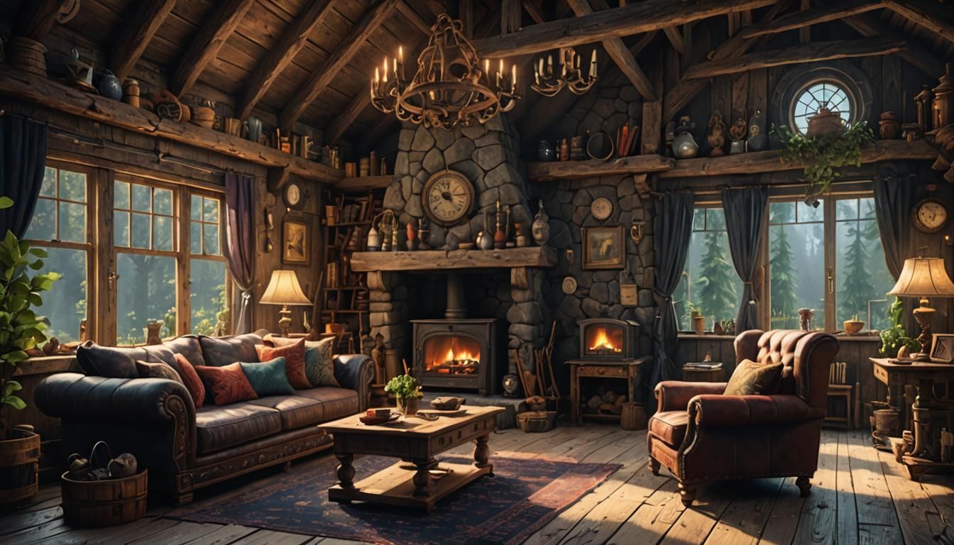 Rustic Cottage Living Room: Detailed Matte Painting