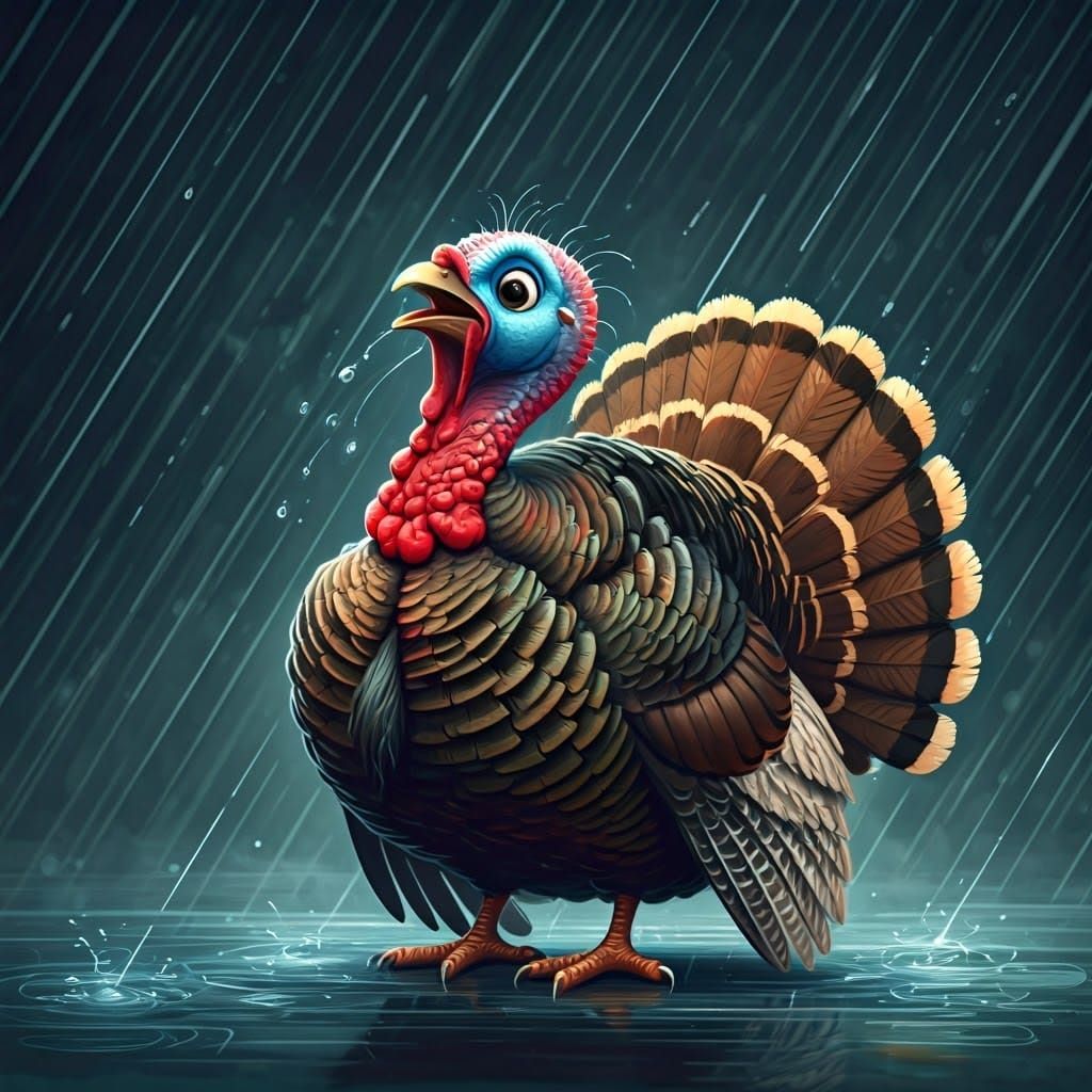 Whimsical Chibi Turkey in a Rainy Watercolor Masterpiece