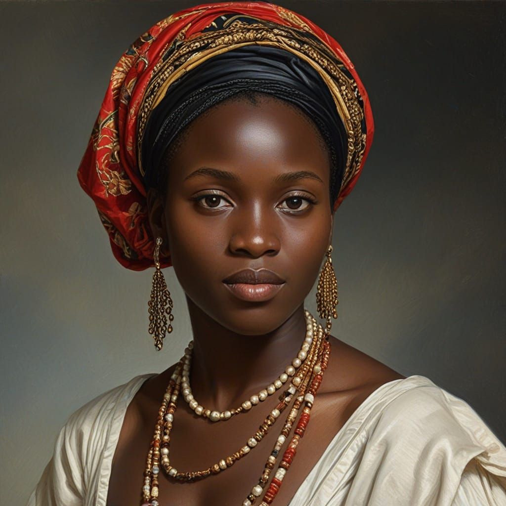 Guinean Woman in Traditional Garb, Rubens Oil Painting Style