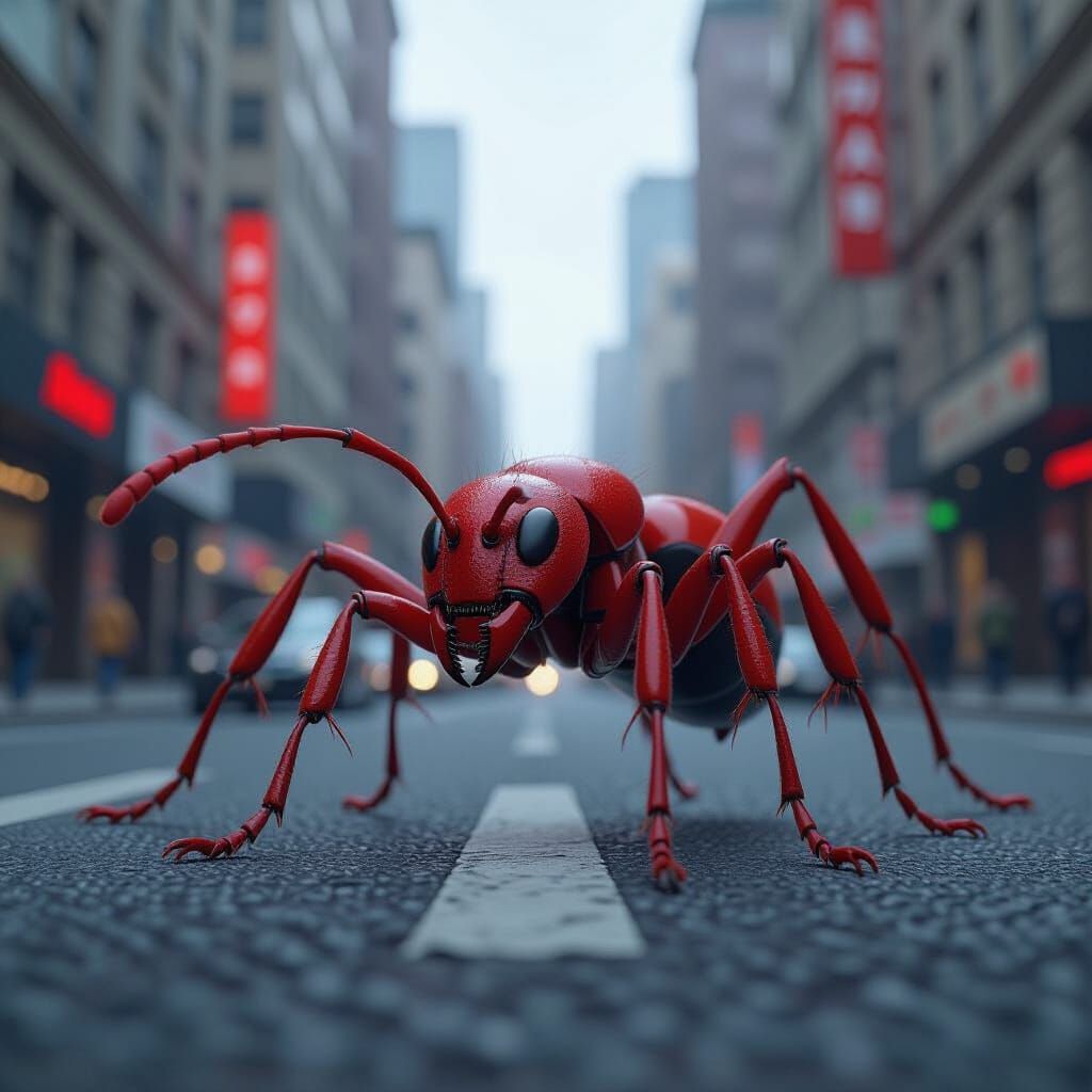 Giant Red Ant on City Street: Detailed Matte Painting