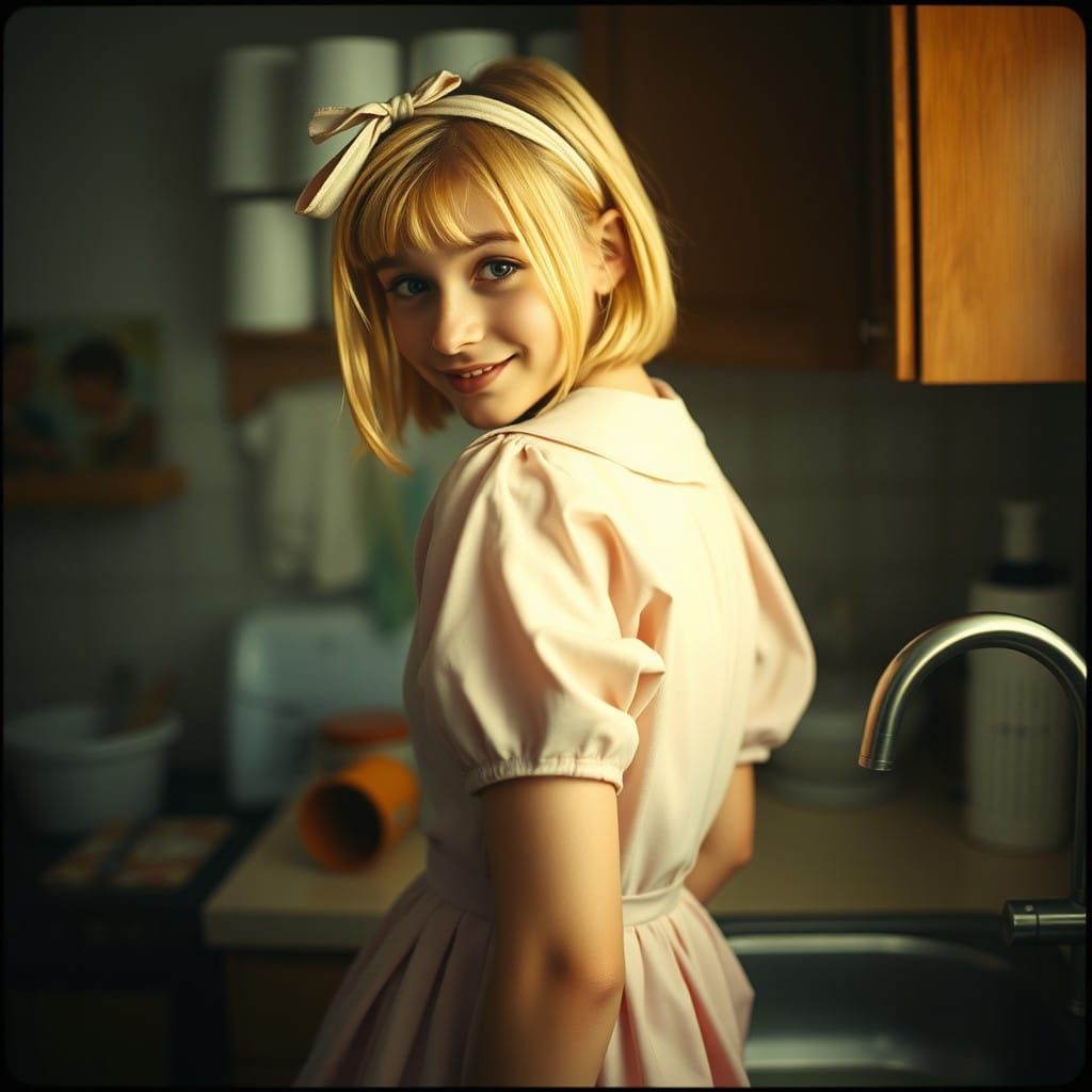Androgynous Youth in Pastel Dress, Washing Dishes in Warm Go...