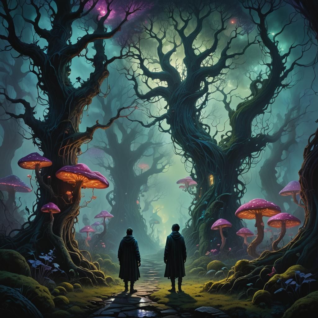 Eerie Figure Enters Bioluminescent Garden in Dark Fantasy Ar...