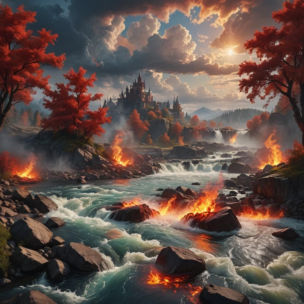 Flaming Fungi by River Rapids