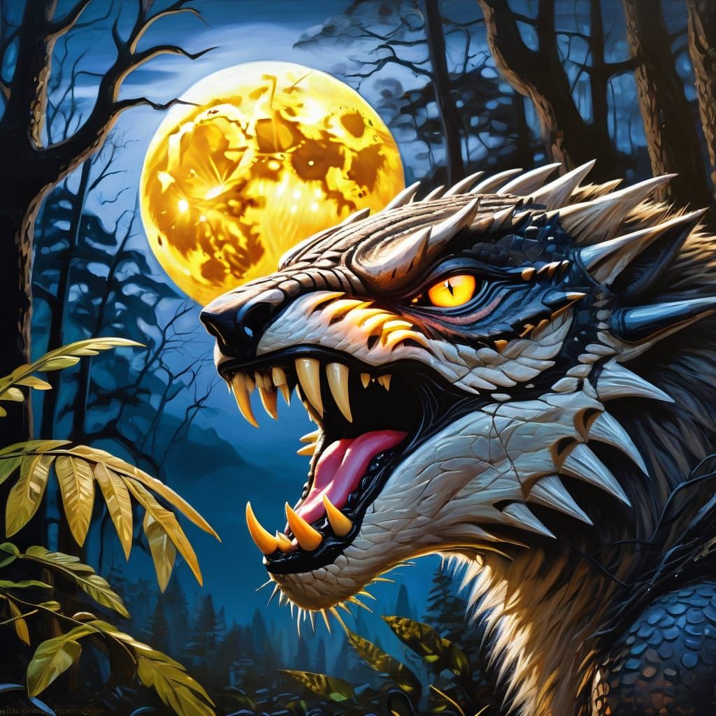 Surreal Predator Gazes at Full Moon in Oil Painting