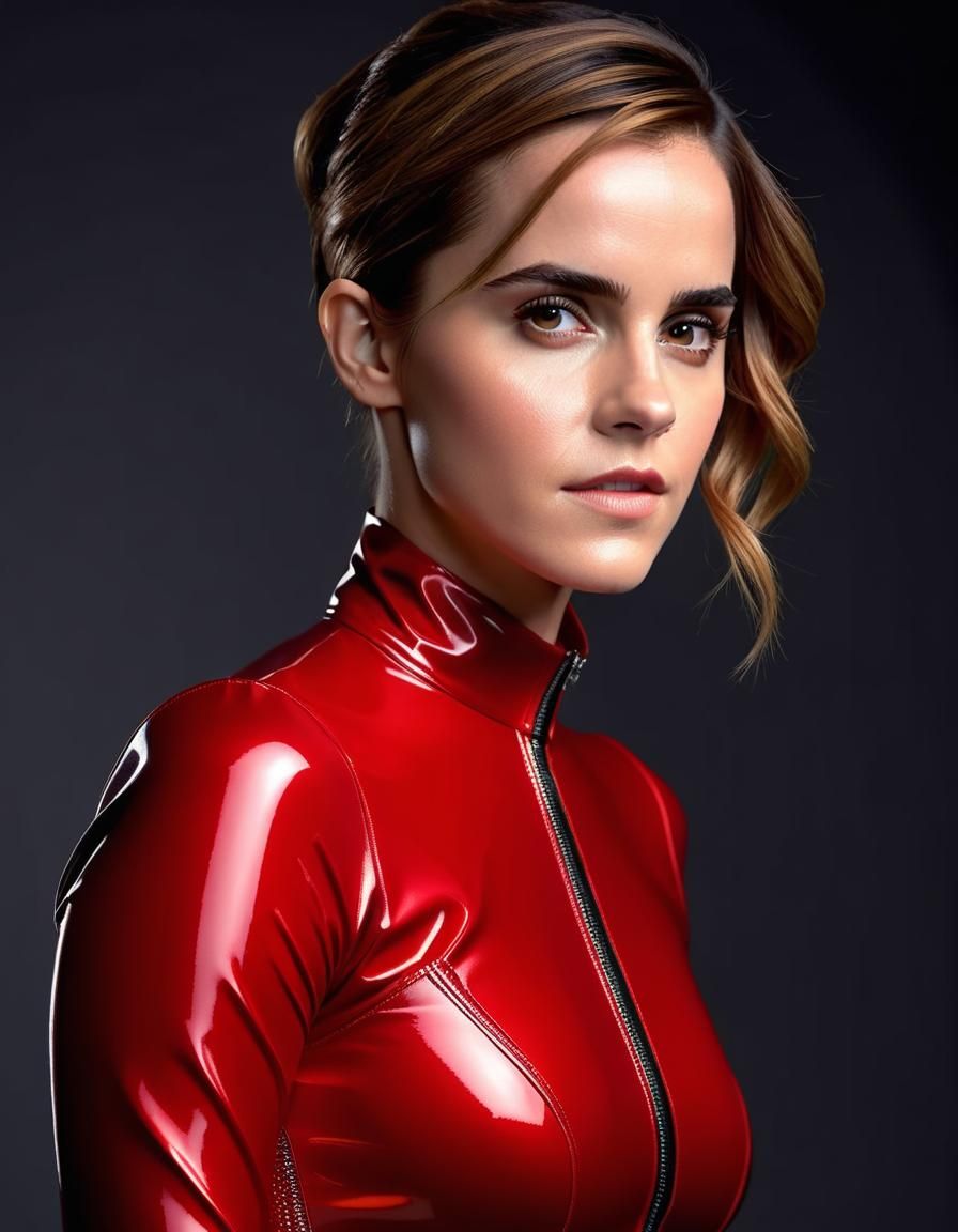 Hyperrealistic Photo of Woman in Red Latex Catsuit