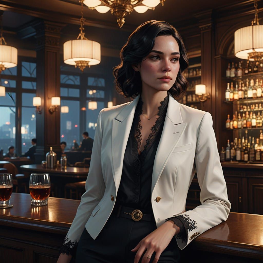 Elegantly Dressed Woman at Luxurious Bar in a High Class Res...