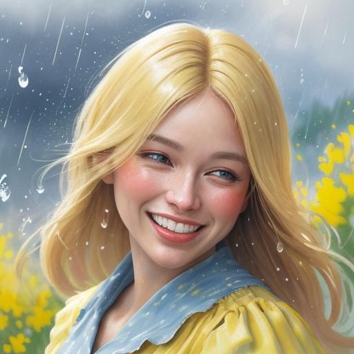 Joyful Girl Laughing in Rain, Impressionist Gouache Painting