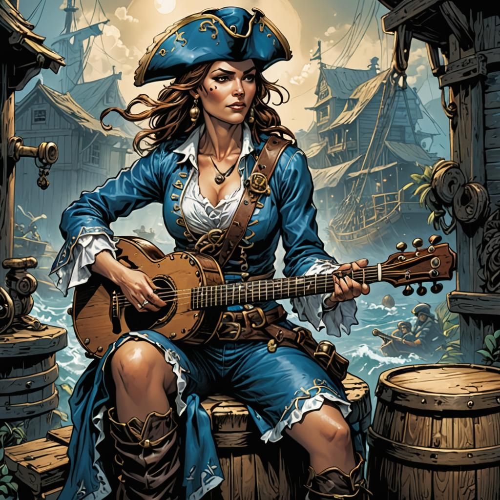 Lady Pirate Plays Banjo: Comic Book Style Art