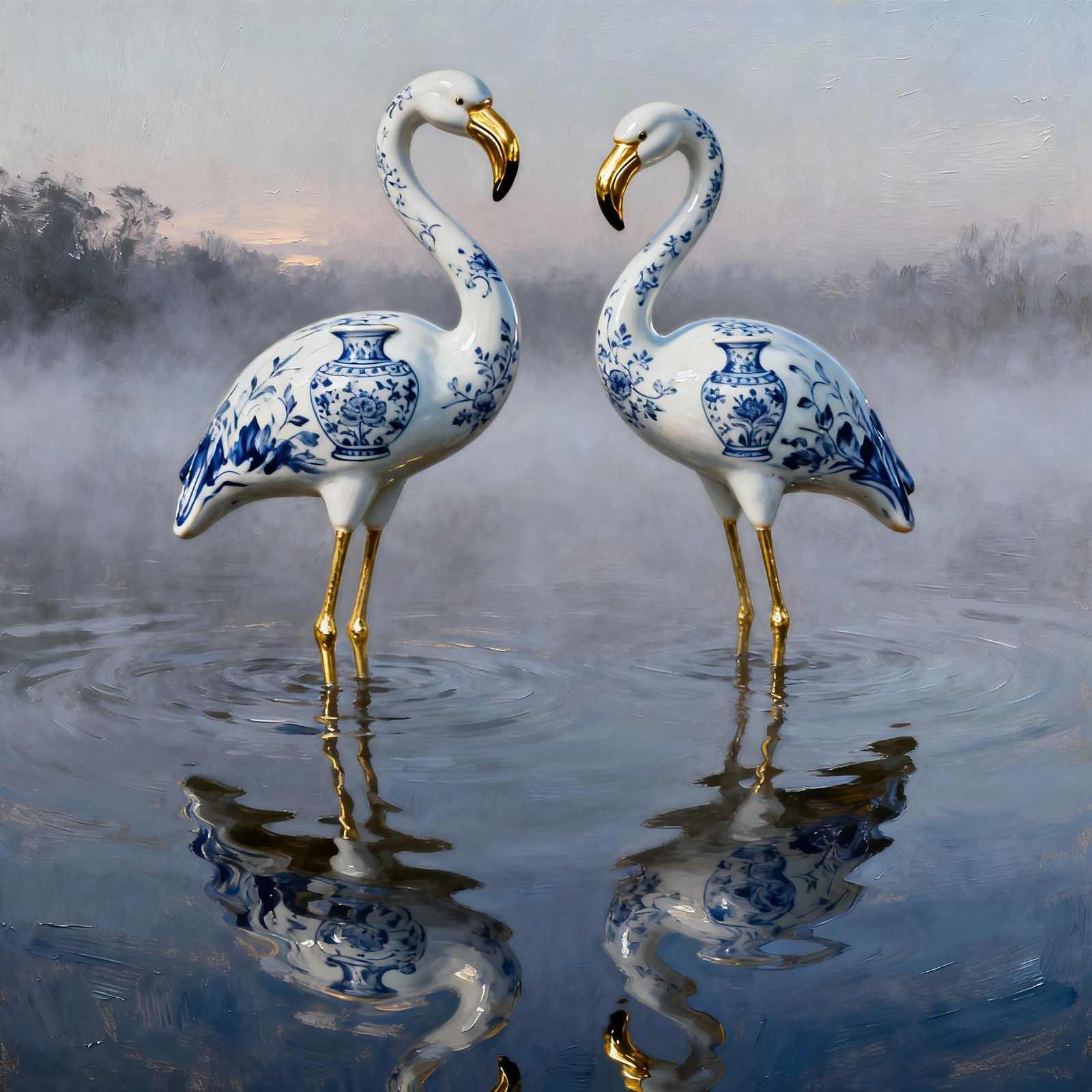 Porcelain Flamingos with Ming Patterns in Misty Water