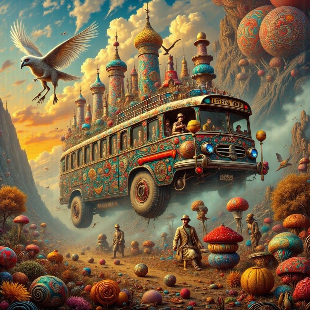 Surreal Hyperdetailed Bus Journey in Whimsical Oil Painting...