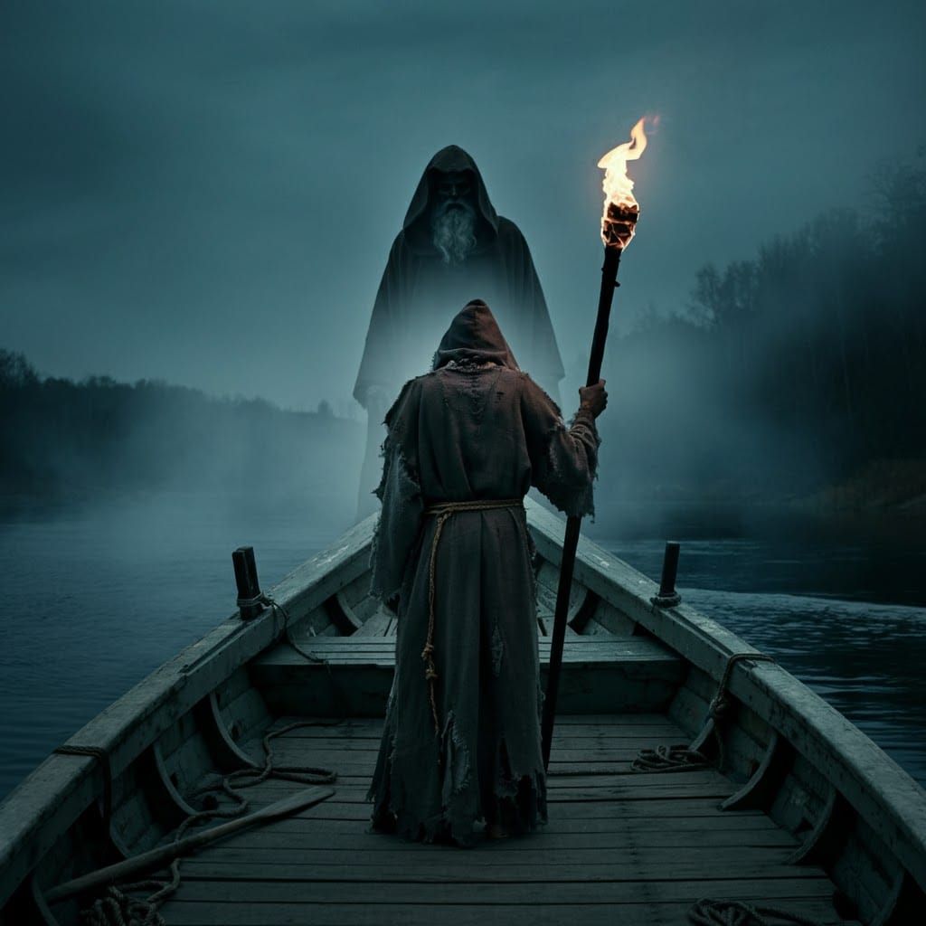 Charon Ferrying a Faceless Soul Across the River