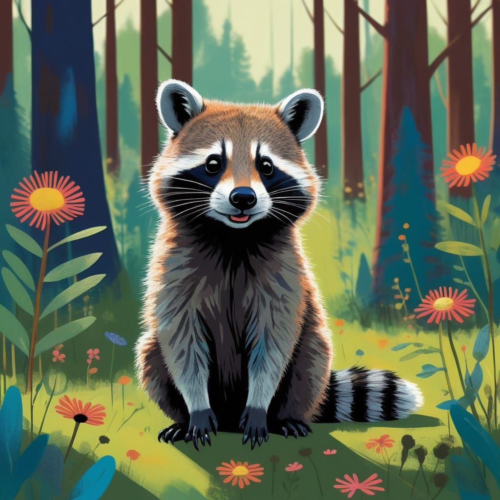 Quokka Puppy Raccoon Hybrid in Whimsical Forest Landscape