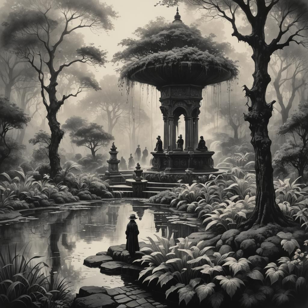 Elegant Figures in Garden, Ink Painting in Pointillism Style