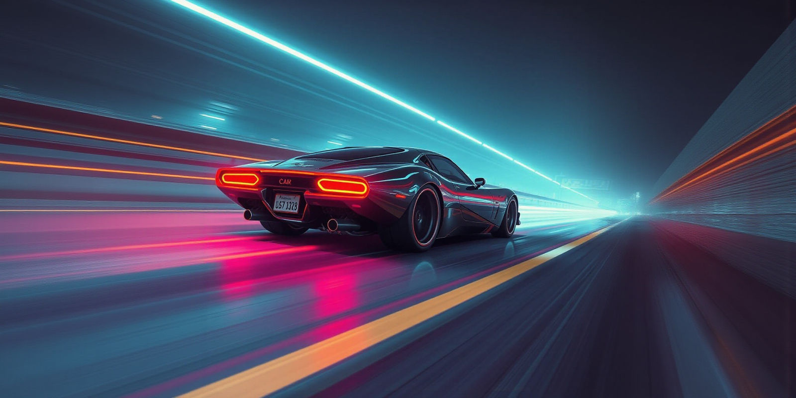 Sleek Futuristic Car Speeds Down Neon Highway