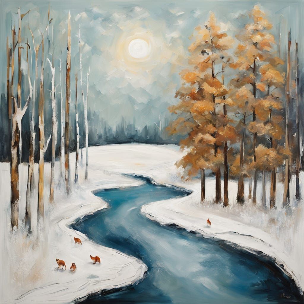 Winter Landscape in Impasto Style with Fox and Owl in Harmon...