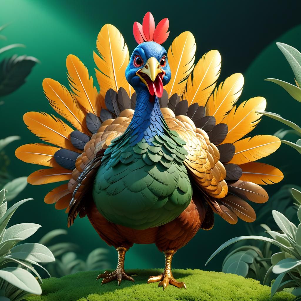 Anime Style Turkey Among Sage Plants in 3D