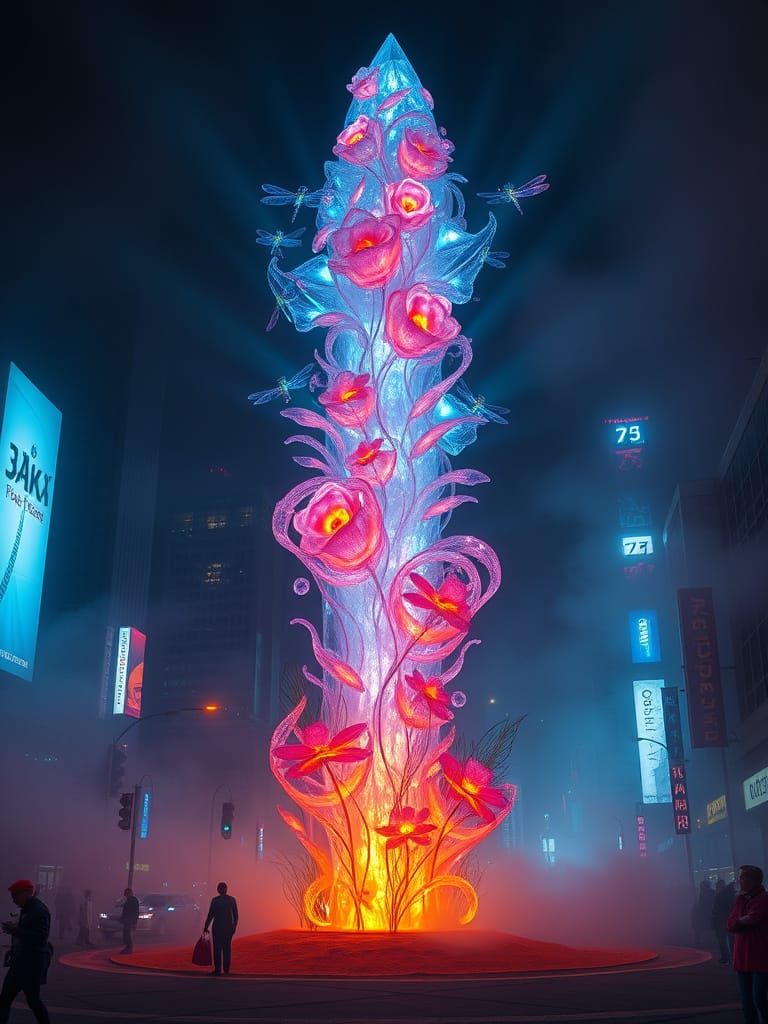 Crystal Floral Sculpture with Sapphire Light Rays at Night