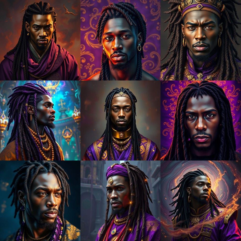 Surreal Modern Black Man in Vibrant Purple and Gold Attire