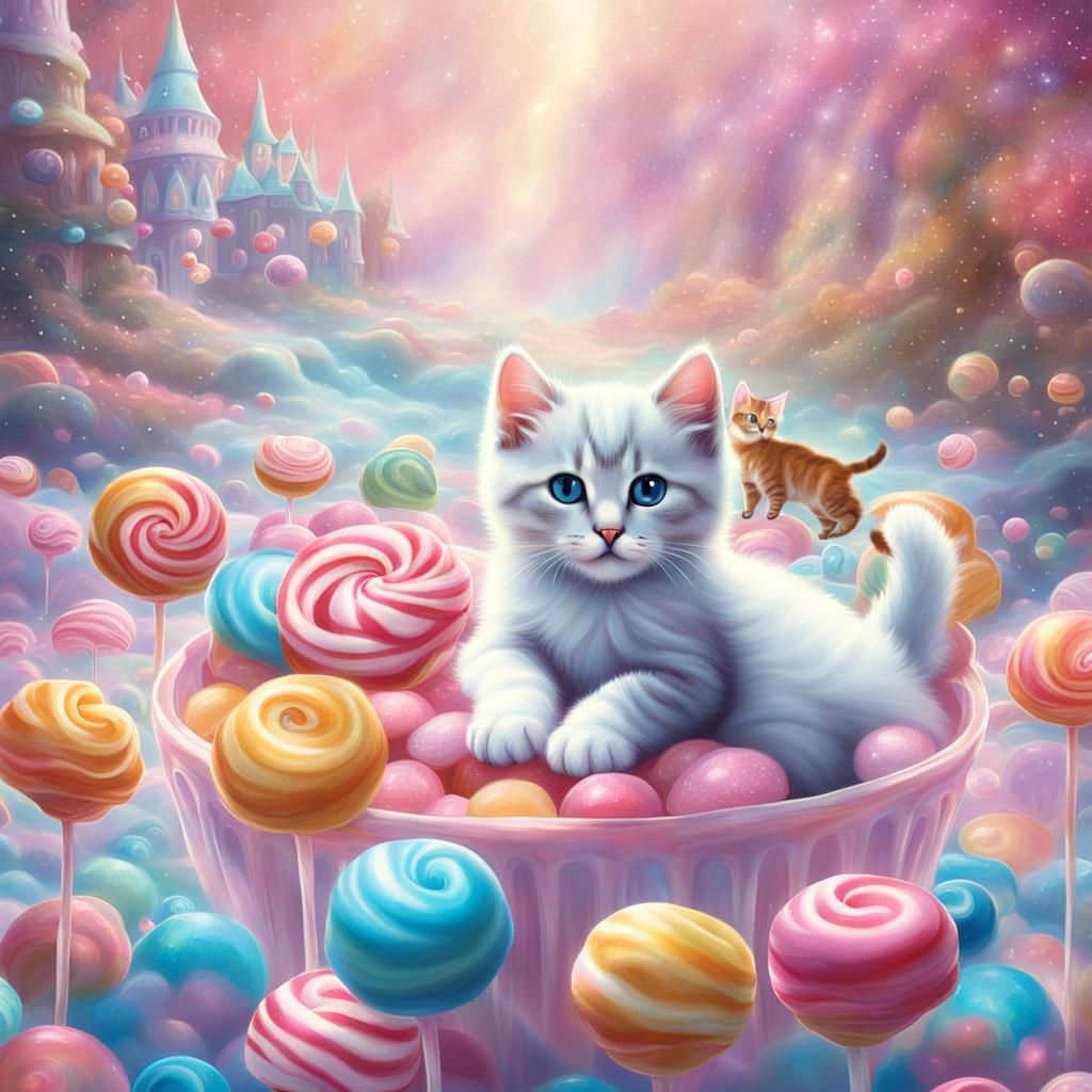 Floating Kittens in Candy Wonderland: Holographic Poster Art