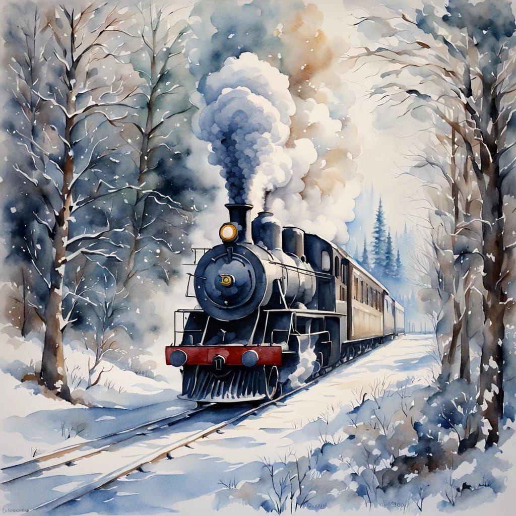 Snowy Train Station in Watercolor Style