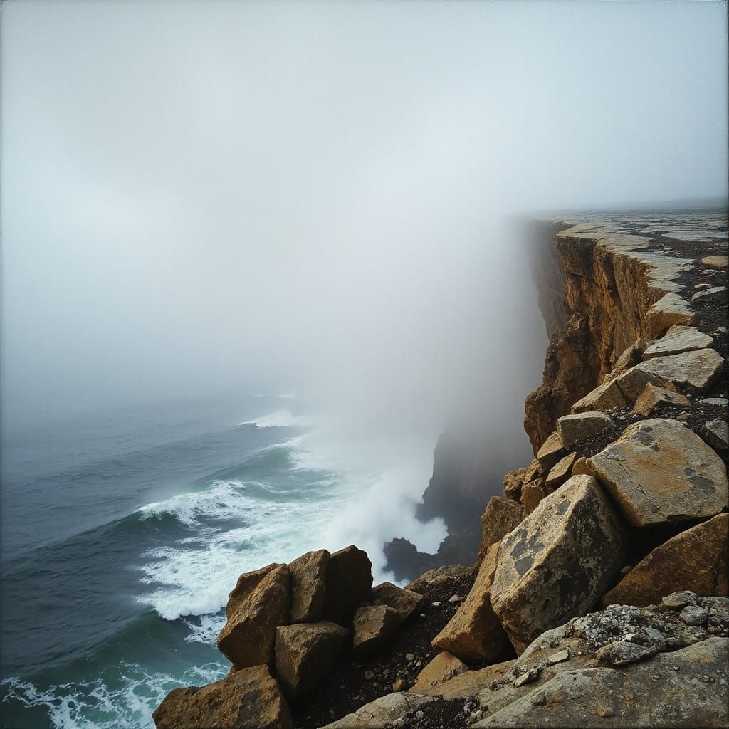 fog-draped coastal cliff
