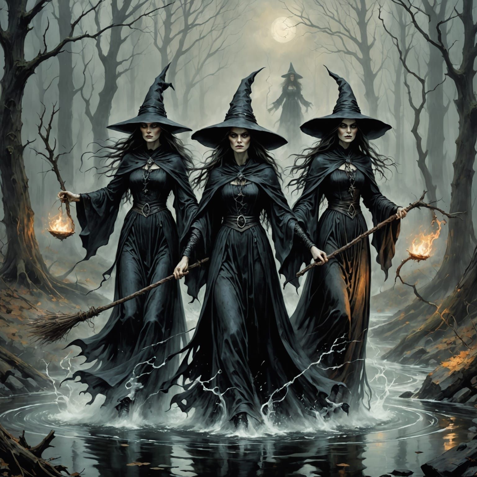 Three Gothic Witches Weaving Elements in Bromoil Style