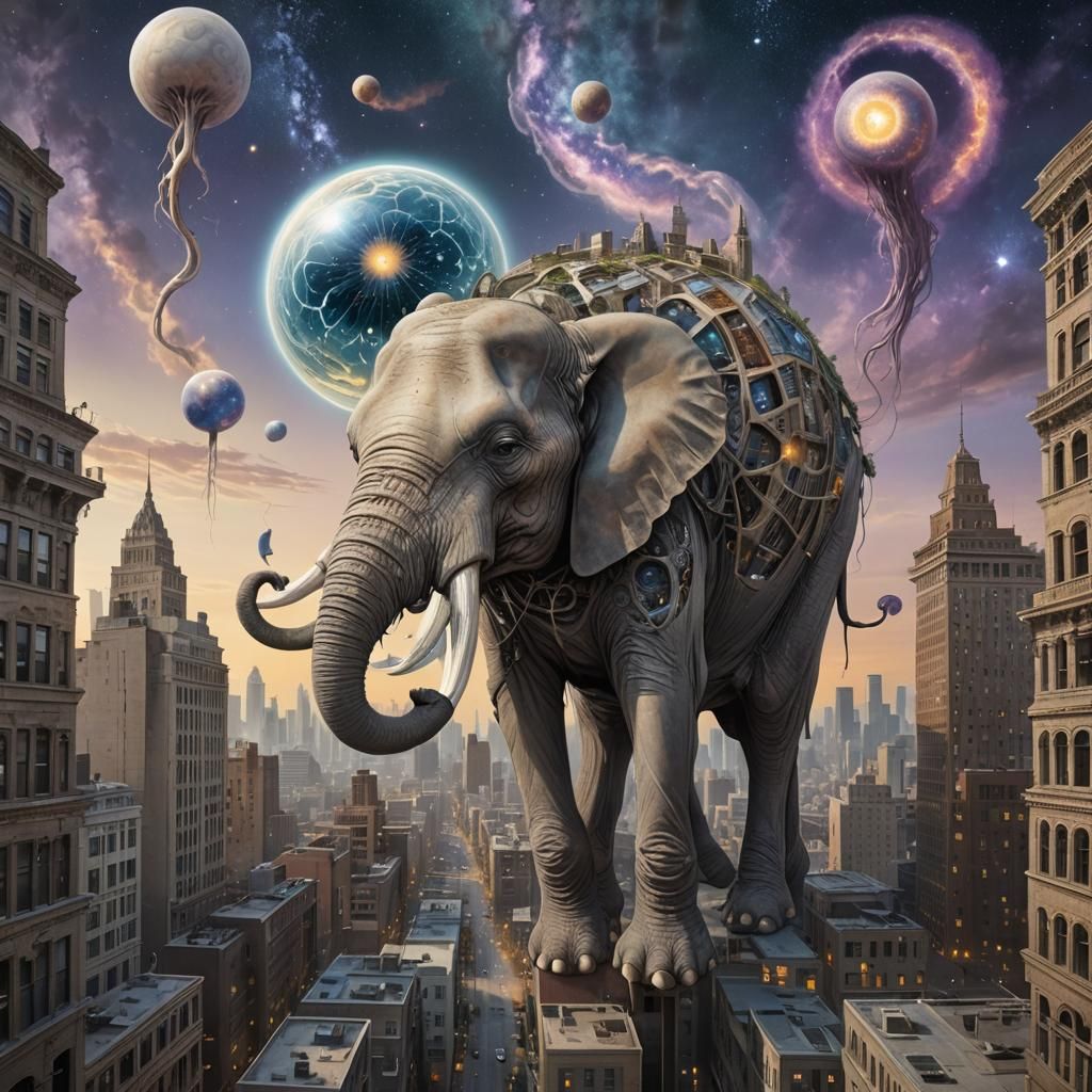 Surreal Elephant-Like Beings Traverse a Dreamlike Cityscape