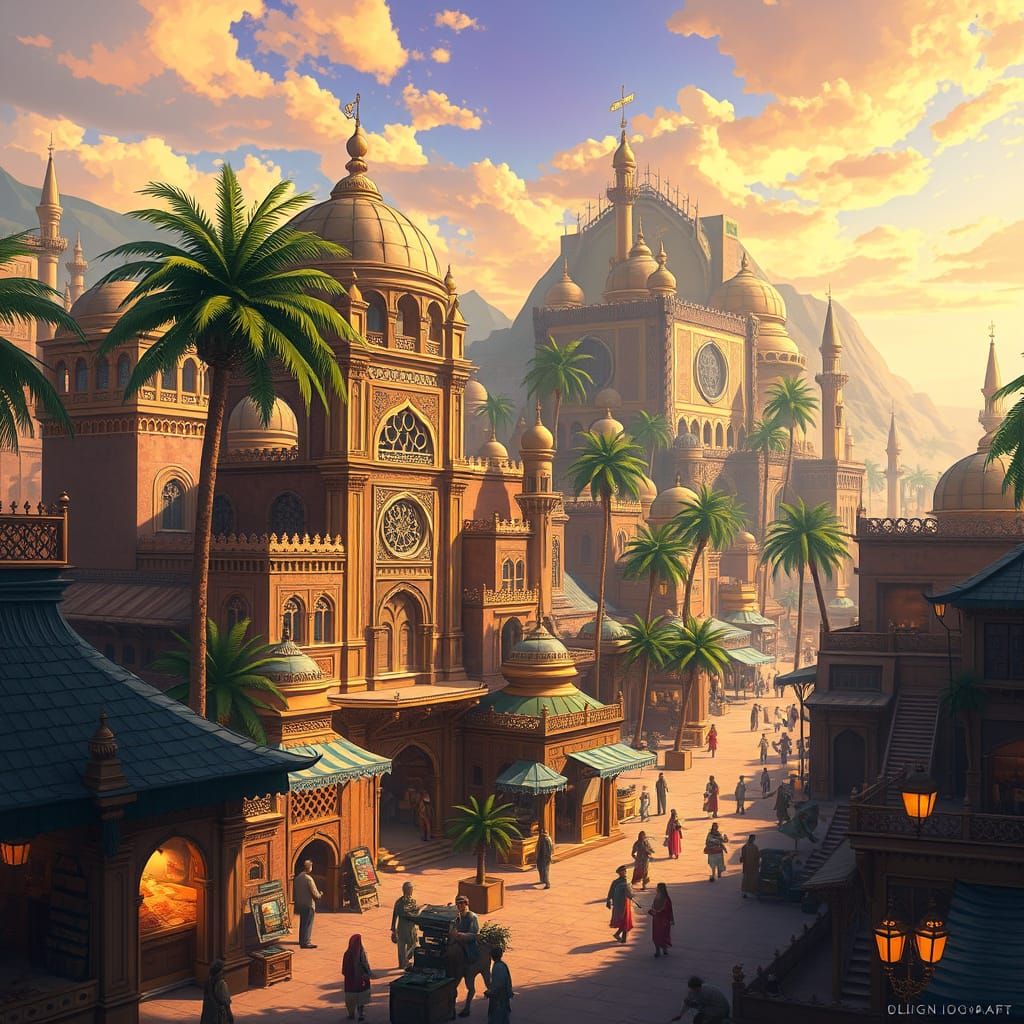 Fantasy Arabian Oasis: Anime Illustration in Miyazaki Style