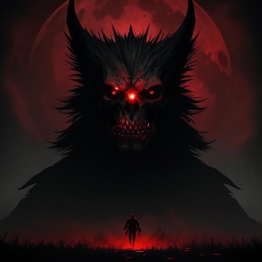 Eerie Dark Fantasy Figure Before Eclipsed Moon