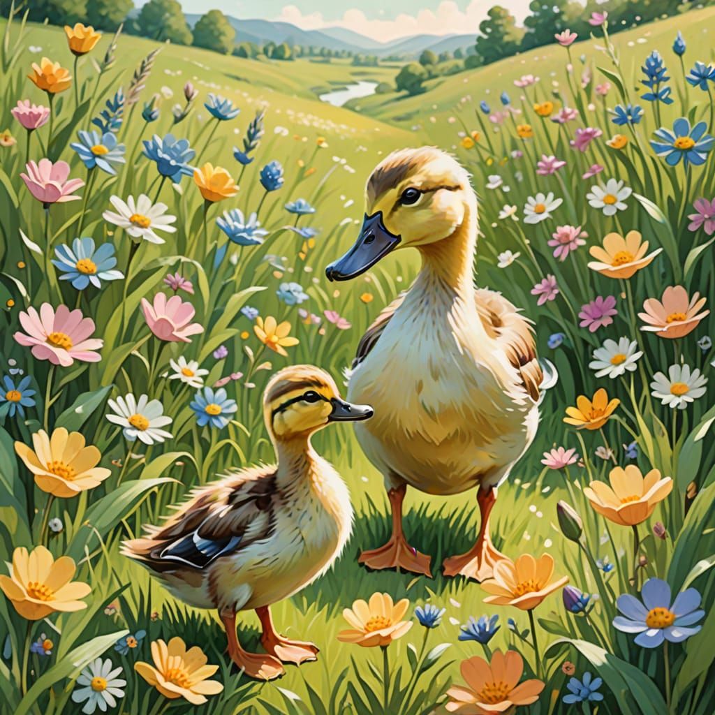 Whimsical Duckling Portrait in a Lush Meadow