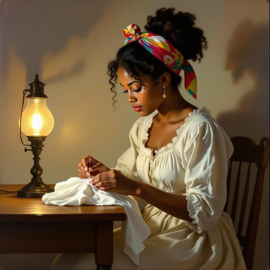 Victorian Woman Sewing by Lamp Light in Oil Painting Style