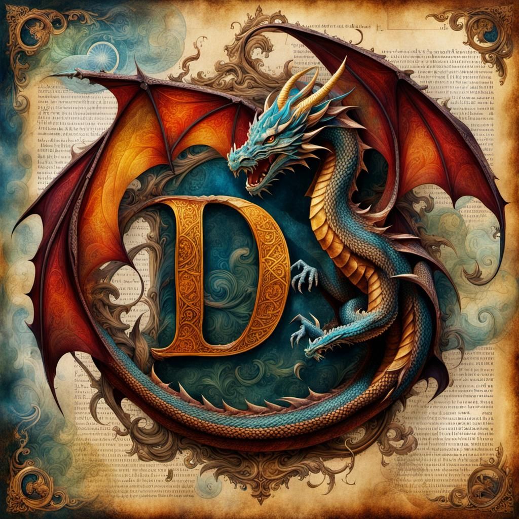 Dragon and Medieval Letter D in Mixed Media