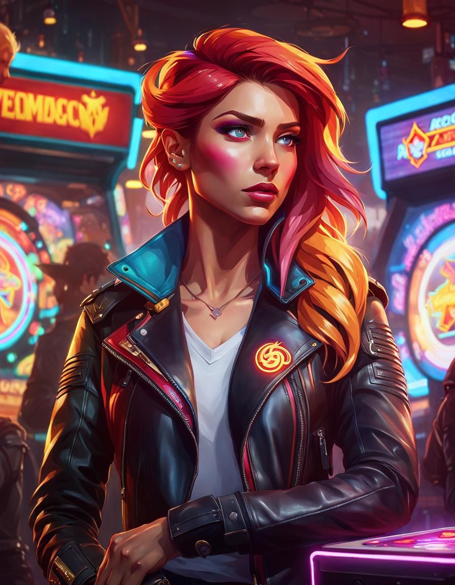 Sunset Shimmer in Cyberpunk Arcade, Detailed Portrait