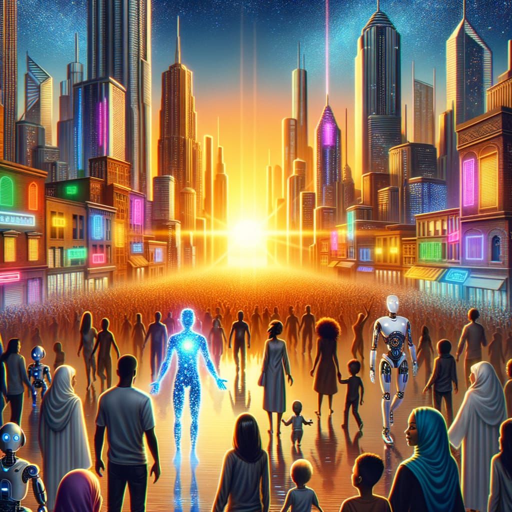 Futuristic City Harmony: Humans and Robots at Sunrise