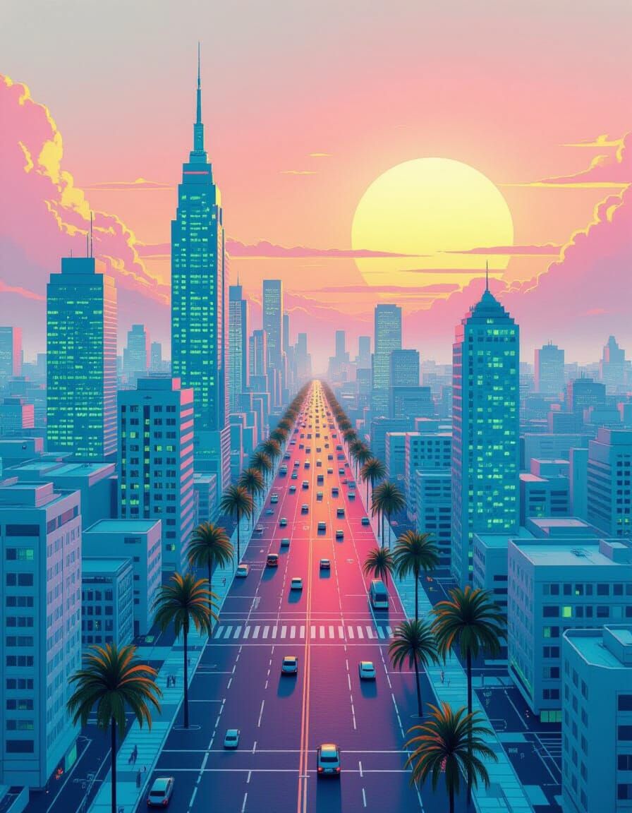 Retro-Futuristic Cityscape with Pastel Sunset
