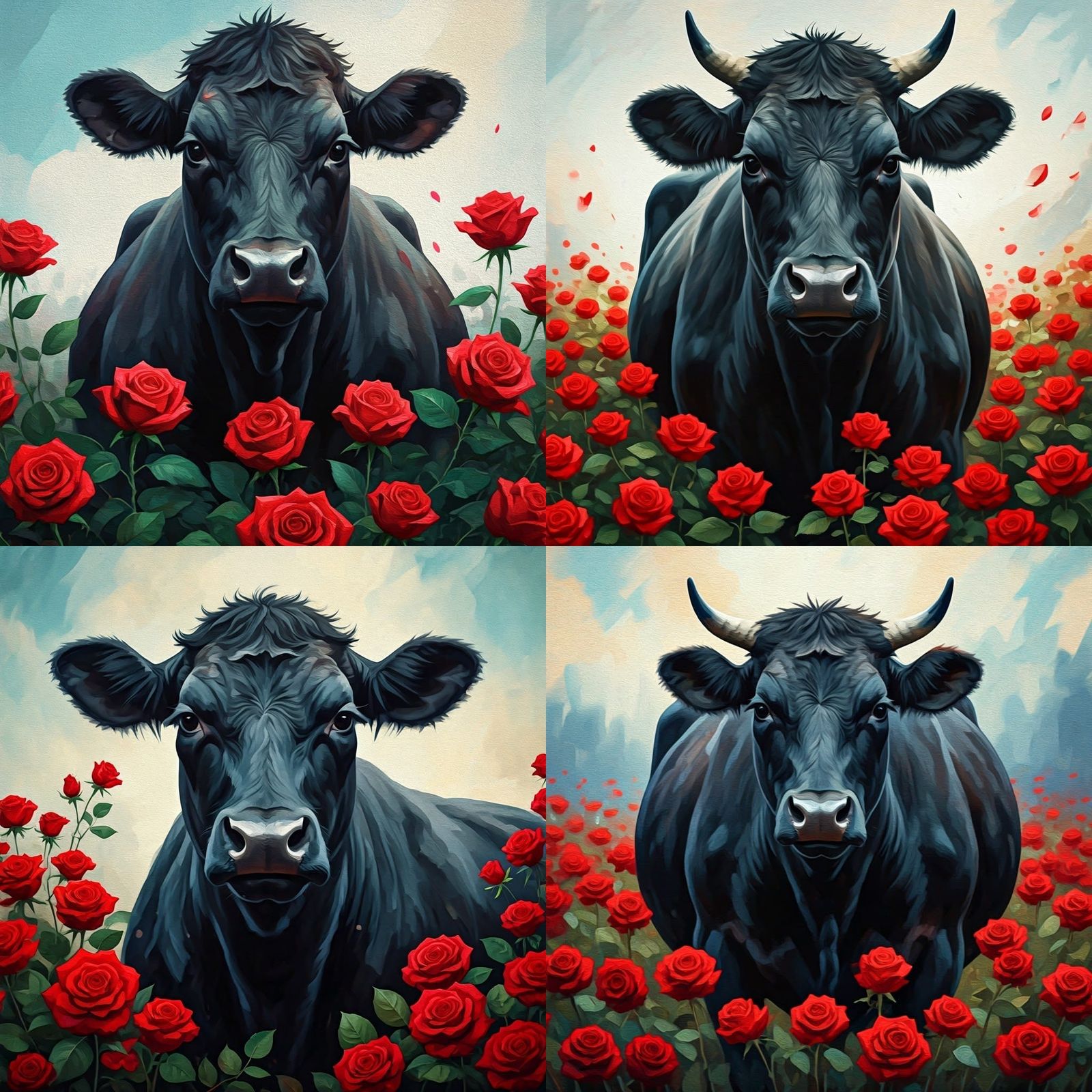Black Angus cow in a field of Red Roses