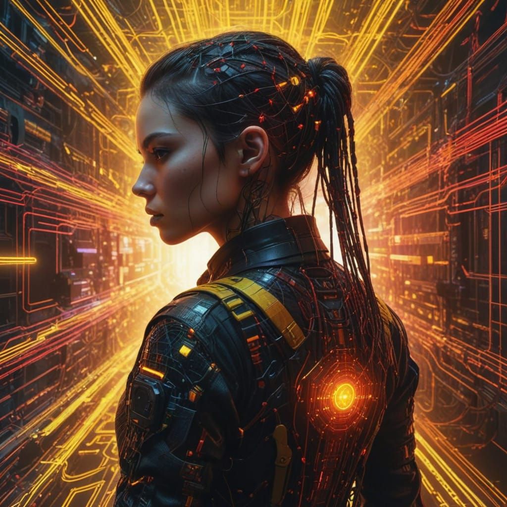 Cyberpunk Female Agent in Neon Web of Intricate Cybernetic E...