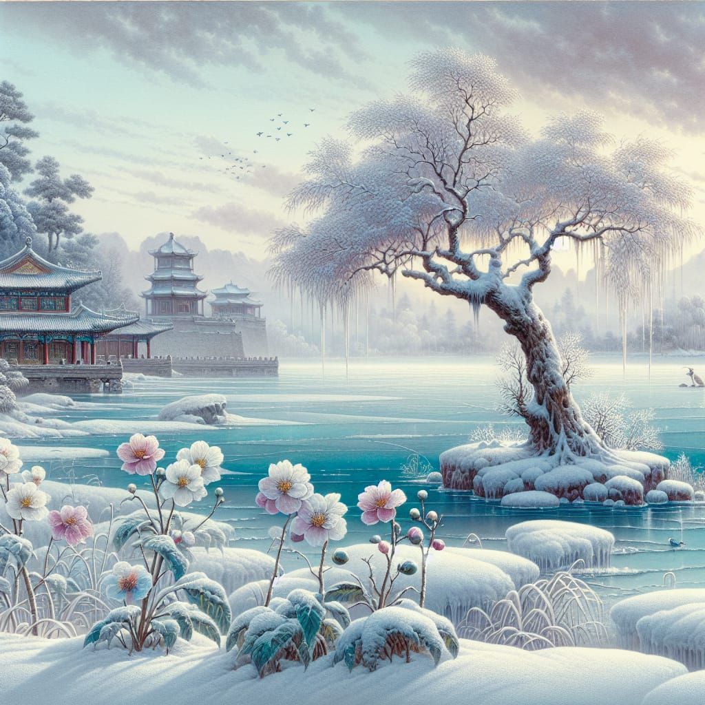 Winter in China: Frozen Lake and Cherry Tree